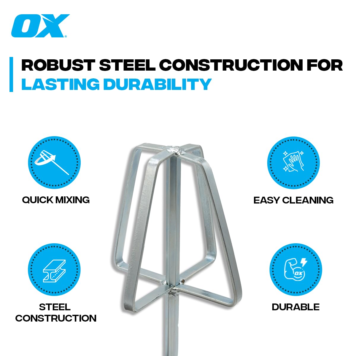 OX Tools Drywall Mud Mixer - Quick Mixing Joint Compound Mixer with Steel Construction, Fits 1/4" Quick Connect - Flat Profile Perfectly Fits Mud Pan, Easy to Clean Finish as a Paint or Cement mixer