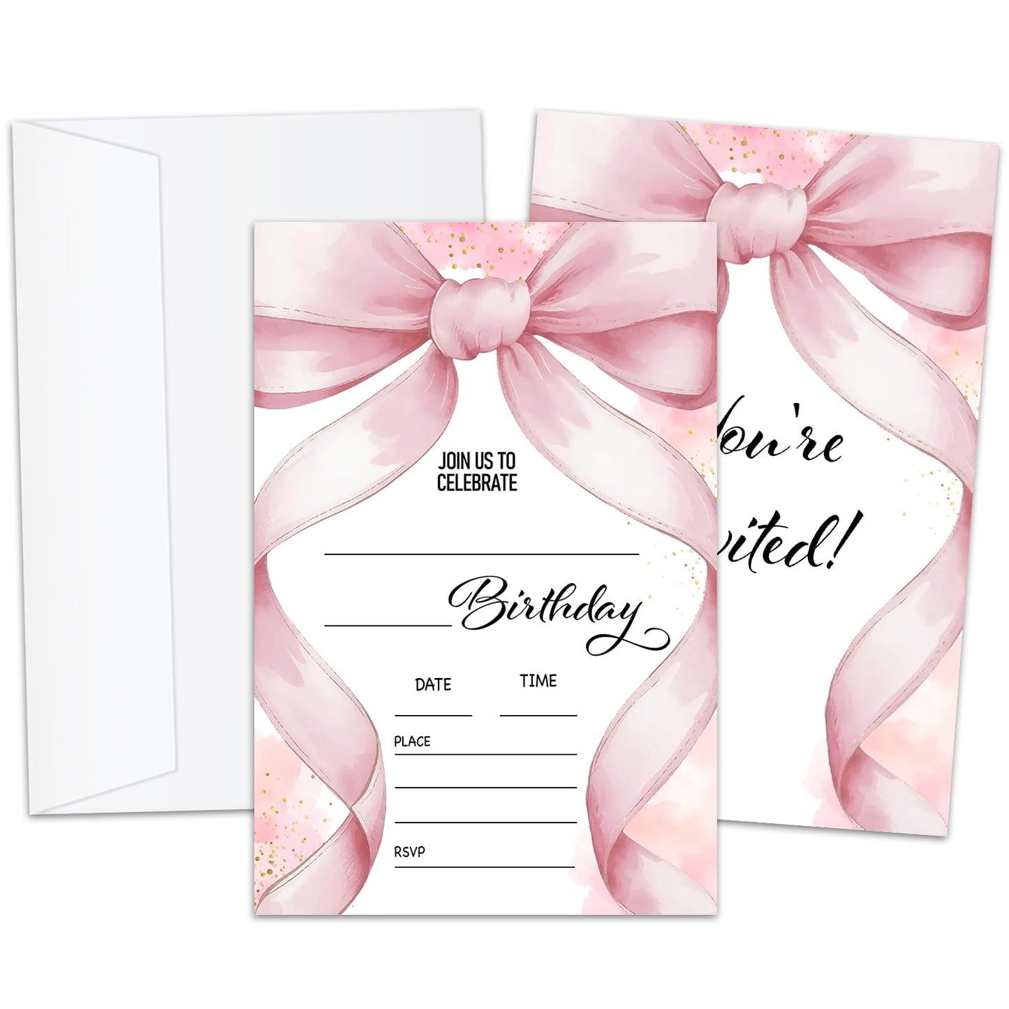 BSNZZIO Pink Bow Birthday Invitation Cards, Girl Pink Birthday Invite For Girls Women, 20 Double-Sided Fill in Invitations With Envelopes Celebration Party Supplies -4616