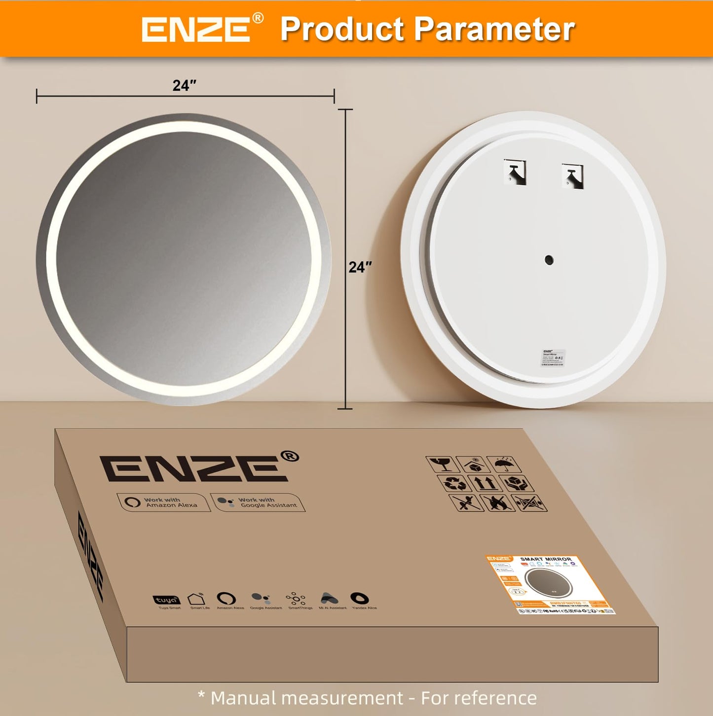 ENZE 24 Inch Round Bathroom Mirror with Lights, Circle LED Mirror, Wall Mounted Lighted Bathroom with 3 Colors,Anti-Fog, Dimmable, Shatter-Proof,Touch Sensor &APP WiFi & Voice Control (Alexa/Google)