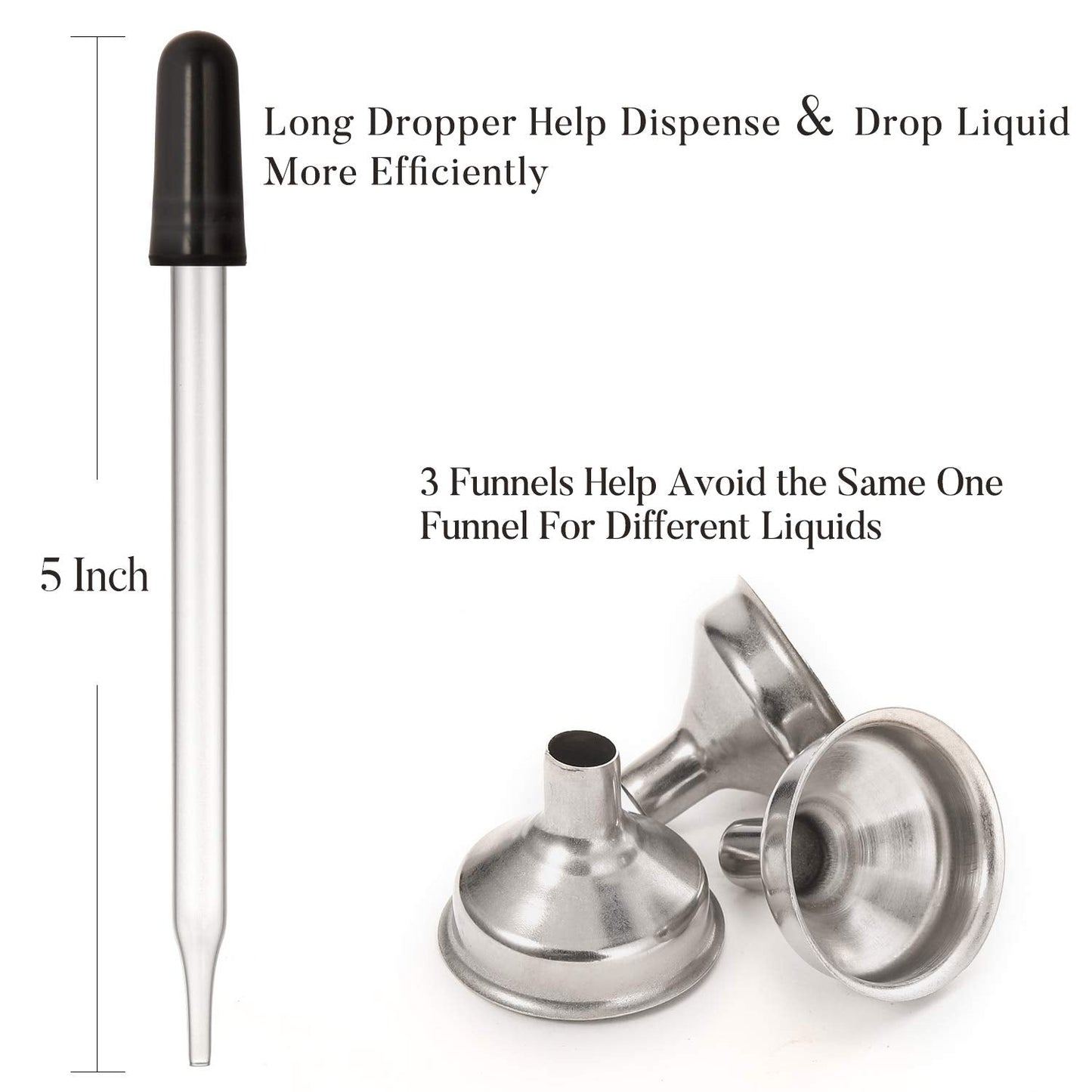 12 Pack, 2 oz Glass Dropper Bottle with 3 Stainless Steel Funnels & 1 Long Glass Dropper - 60ml Amber Tincture Bottles with Eye Droppers for Essential Oils, Liquids - Leakproof Travel Bottle