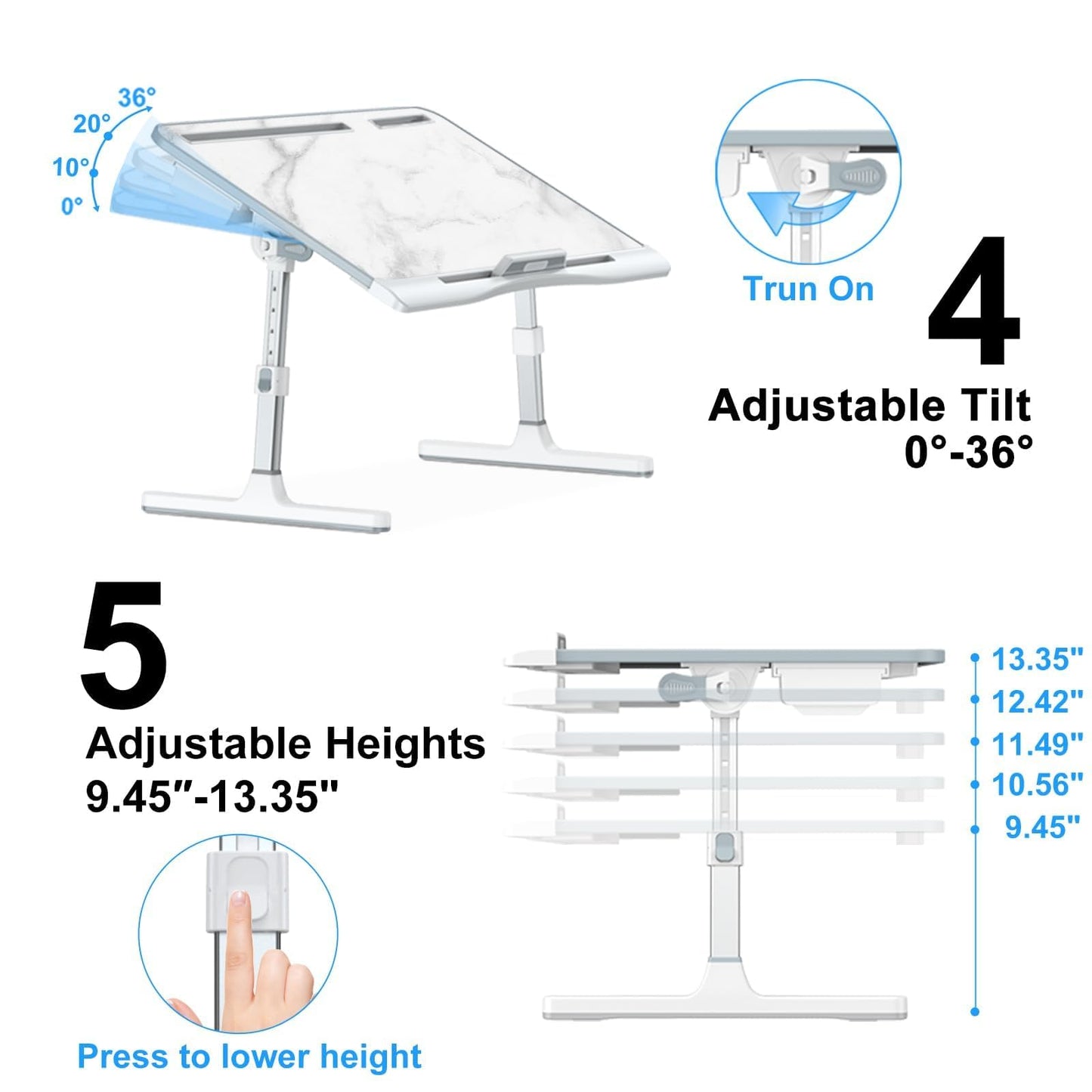 EVETTO Bed Desk for Laptop - Marble Pattern, Adjustable X-Large Foldable Lap Desk, Laptop Lap Desk with 2 Movable Stoppers and Drawer for Bed Couch Floor Writing Eating Working (23.6 inch)