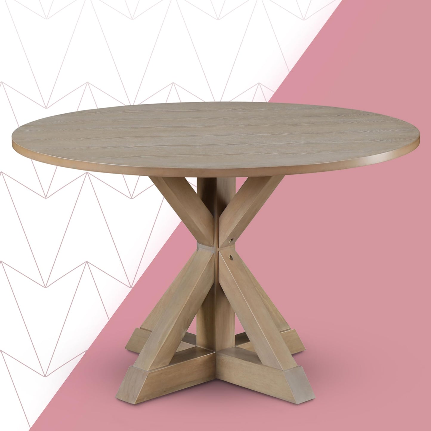 Click365 Alfred Round Solid Wood Rustic Dining Table for Farmhouse Kitchen Room Decor, Wooden Trestle Pedestal Base, 46.5" Wide Circular Tabletop, Distressed Beige