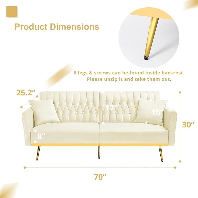 ACMEASE 70” Velvet Futon Sofa Bed with 2 Pillows and Adjustable Armrests, Convertible Sleeper Bed W/Adjustable Backrests, Modern Loveseat for Living Room, Bedroom, Beige