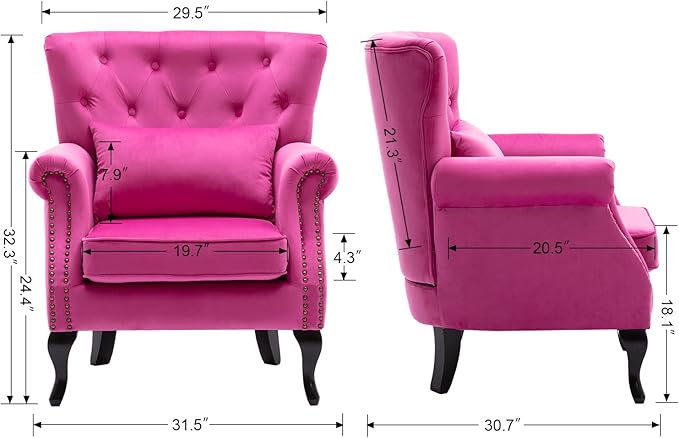 chairus Mid-Century Modern Accent Chair Comfy Tufted Single Sofa Chair Wingback Armchair with Pillow for Club, Living Room, Bedroom - Velvet, Rose