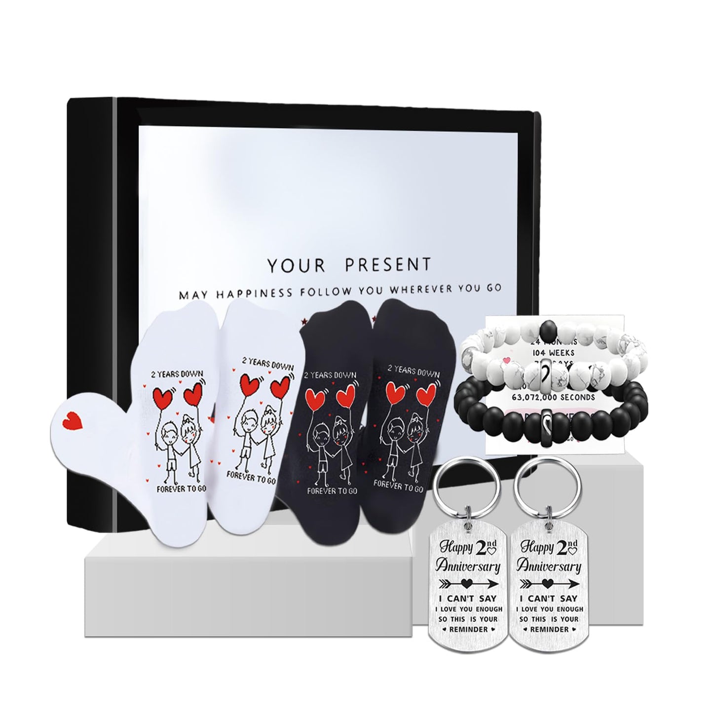 Farmansion 2 Years Anniversary Socks for Him or Her, 2nd Wedding Presents for Husband Wife,Anniversary Keychain for Couples
