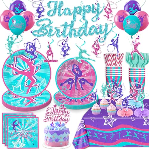 Yingoto 170 PCS Gymnastics Birthday Party Decorations, Serves 20 Guests, with Banner, Balloon, Cake Topper, Plates and Nap...