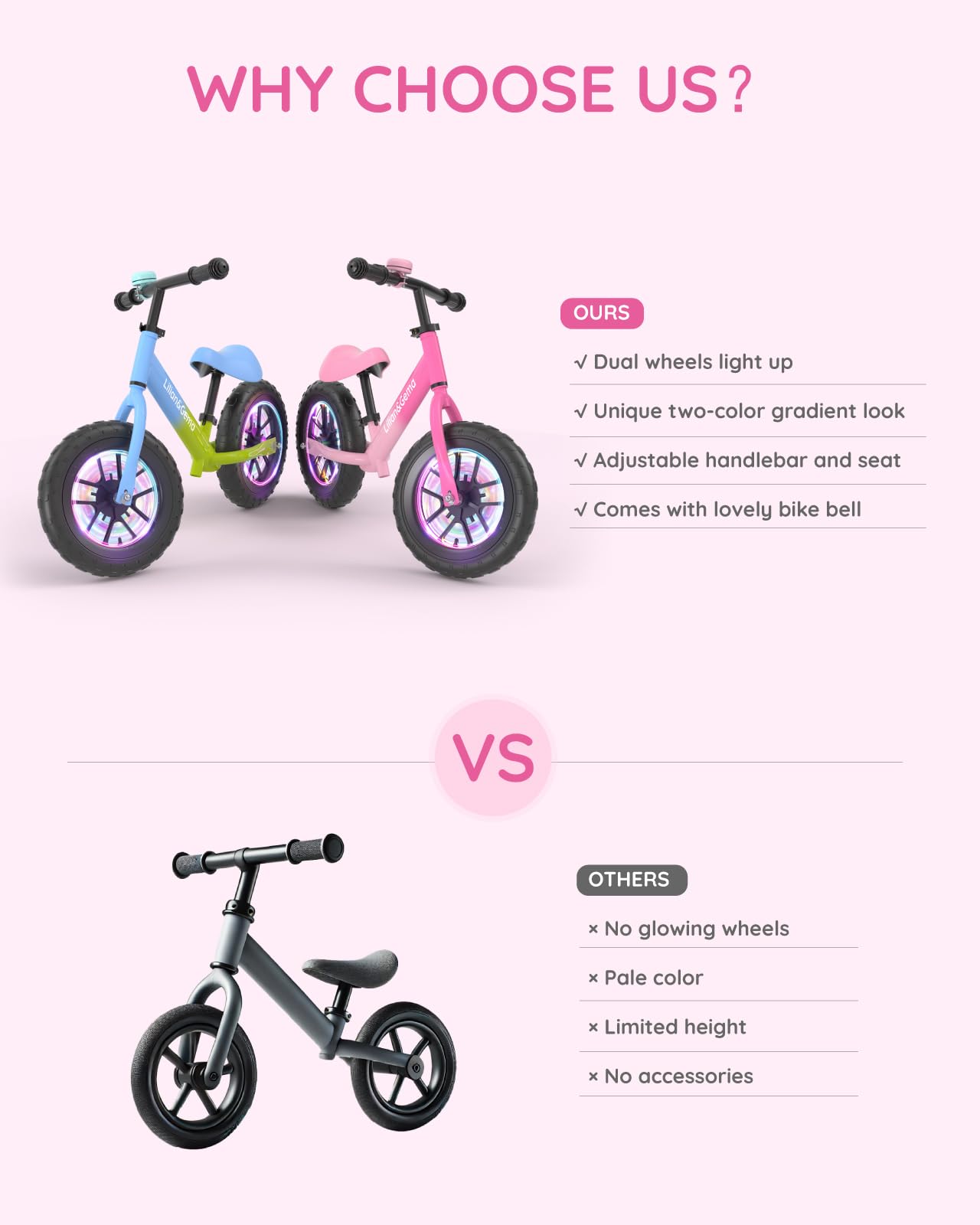 Lilian&Gema Toddler Balance Bike Colorful Lighting, 12'' Kids Balance Bike for 2-5 Years Old with Adjustable Seat & Handlebar, Toddler Gift Bike Suitable for Boys and Girls Ages 2 3 4 5, Pink