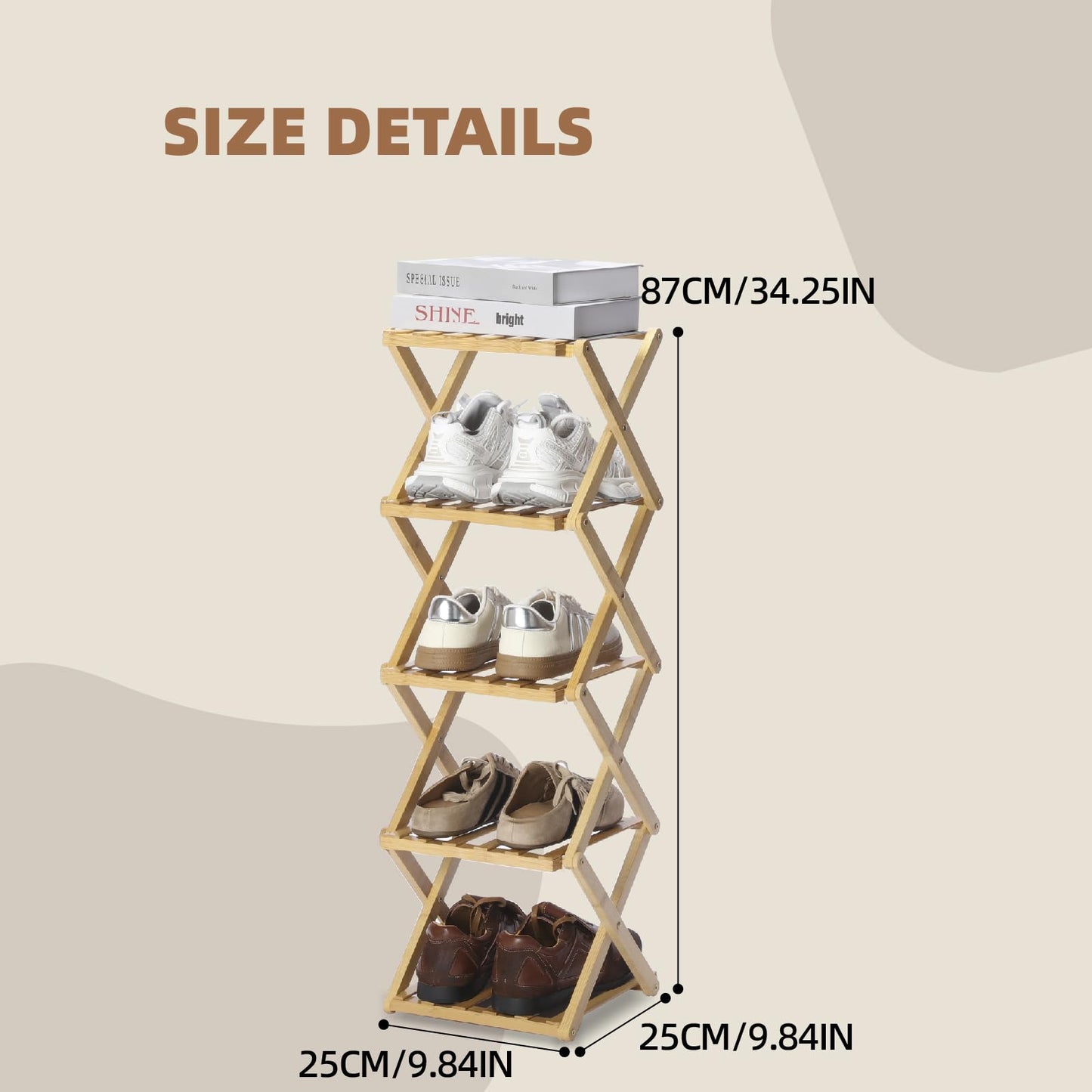 Foldable Shoe Rack - Multi-Tier Bamboo Shoe Rack for Entryway, Living Room, Kitchen, Closet - Space Saving Organizer for Shoes, Books, Cookware - Sturdy & Eco-Friendly Design, Easy Assembly(5 Layers)
