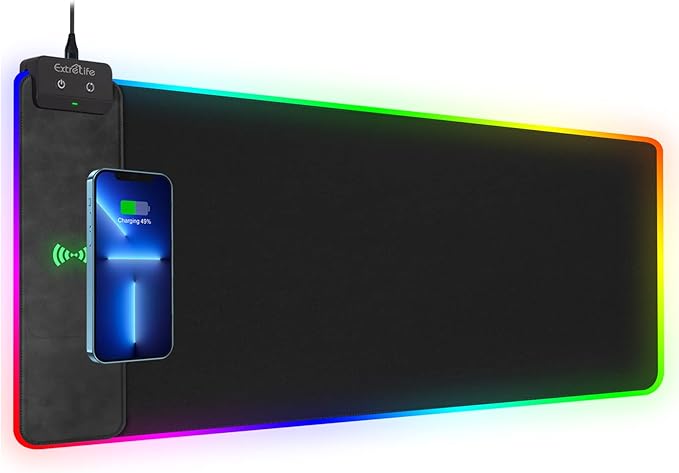 Wireless Charging RGB Gaming Mouse Pad, 31.5"x15.7" Large Desk Mat, Desk Pad with Wireless Charger, Non-Slip Rubber Base, Waterproof, Computer Keyboard Mat for Gamer, Office, Home, Black