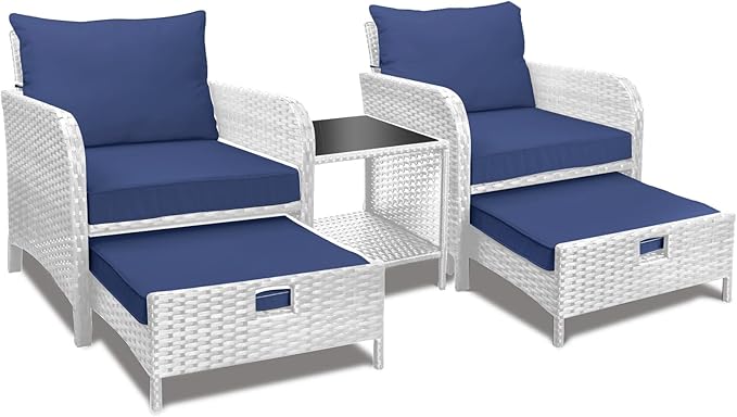 LEVELEVE Balcony Furniture 5 Piece Patio Conversation Set, PE Wicker Rattan Outdoor Lounge Chairs with Soft Cushions 2 Ottoman&Glass Table for Porch