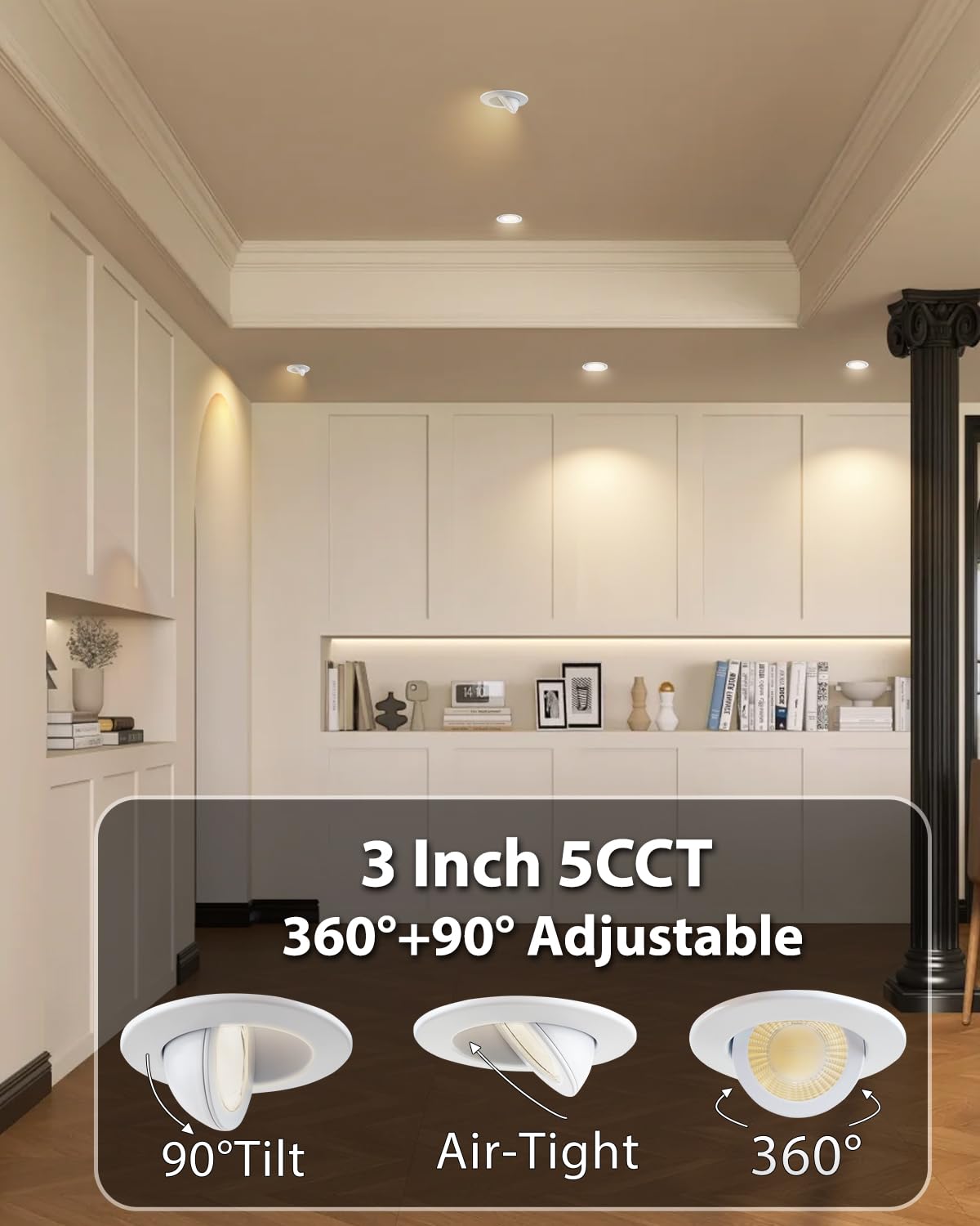 Adetu 3 Inch Gimbal Led Recessed Lighting, 360°+90° Adjustable Directional Recessed Lights, 2700K/3000K/3500K/4000K/5000K Dimmable Retrofit Eyeball Can Lights with Jbox,ETL (White,12 Pack)