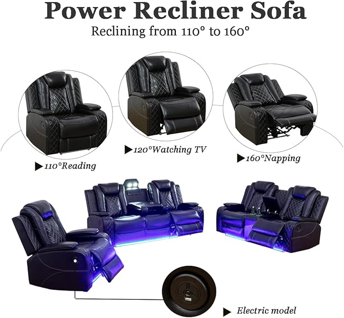 A Ainehome Luxury Furniture Sets Power Recliner Sofa Set Recliner Leather Sofas Loveseat Chair for Living Room Furniture/Small Space/Rv/House/Office/Theater Seating (F-Black, 3 Piece Set)