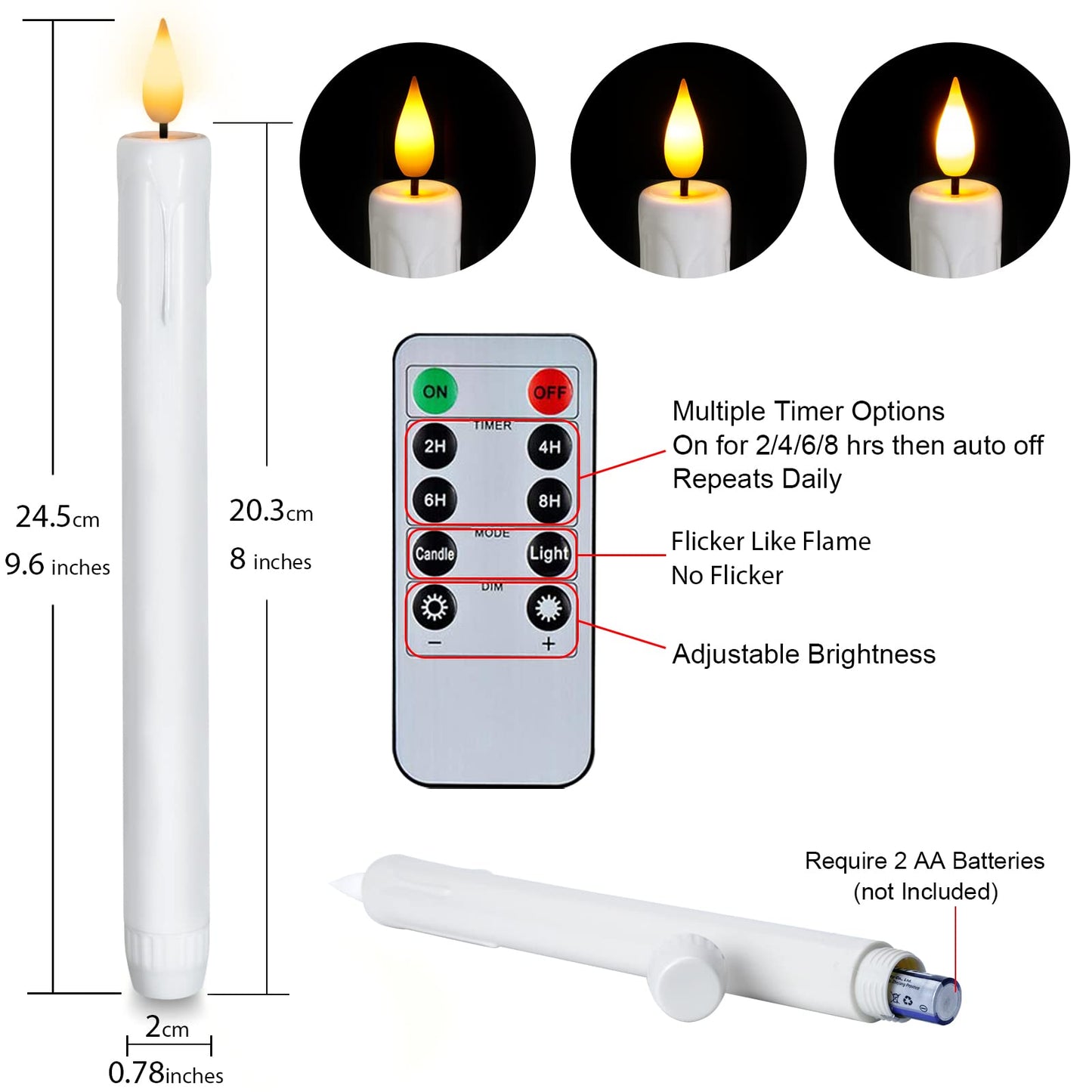 Homemory 24 Pcs Plastic Flameless Taper Candles with Remote Timer Dimmer, White Taper Candles Battery Operated with Flickering Flame Light Lifelike Led Candlesticks for Indoor Decoration 9.6 Inches