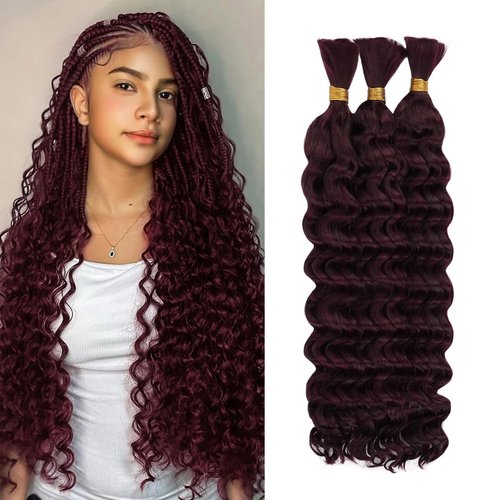 Deep Wave Human Braiding Hair for Boho Braids – 16 Inch 120g 3 Bundles/Pack 99J Burgundy, 100% Unprocessed 12A Brazilian Virgin Hair Bulk, No Weft, Wet & Wavy Curly Knotless Extensions