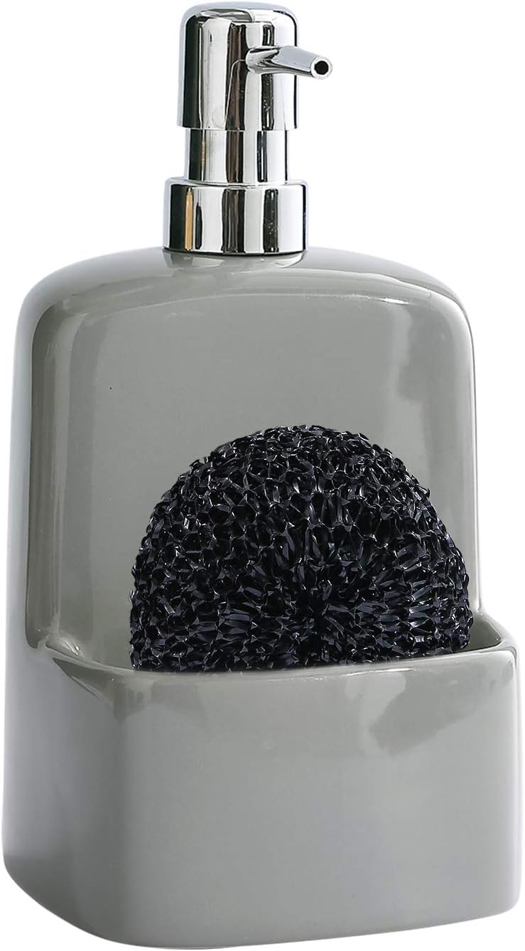 Dish Soap Dispenser - Kitchen Soap Dispenser with Sponge Holder Matte Ceramic Soap Daddy Dispenser 20oz for Kitchen (Grey)