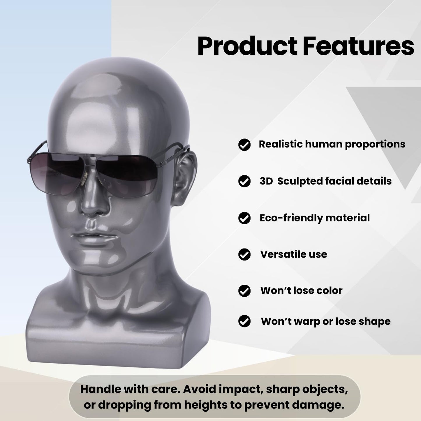 lightmay Male Mannequin Head - 13.7    Silver Gray Wig Stand for Hats, Wigs, Headphone, Glasses - Great for Styling, Display & S