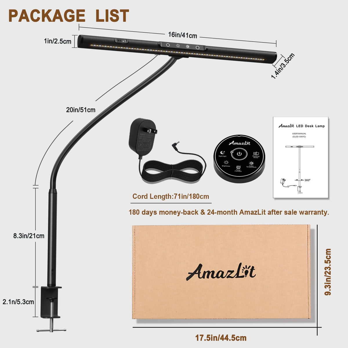 AmazLit Desk Lamp for Home Office, Desk Light with Clamp, Office Lamp with Remote & Gesture Sensing, Monitor Light Bar, Adjustable Color Temperature & Brightness, 12W