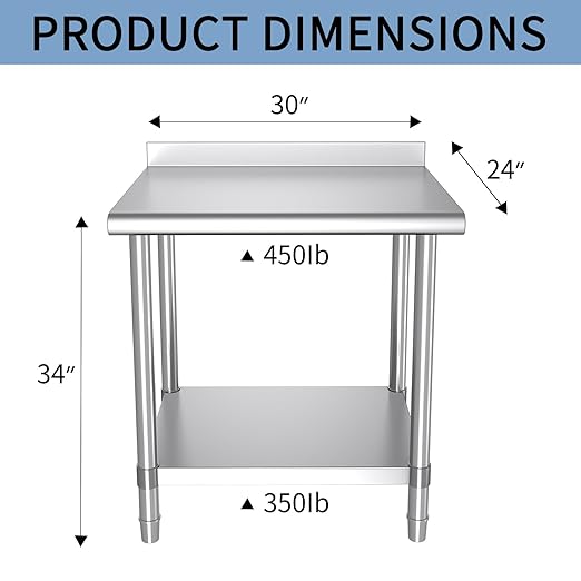 Mioleu Stainless Steel Table, 30 x 24 Inches Commercial Metal Prep & Work Table with Backsplash and Adjustable Undershelf for Kitchen Restaurant Home Garage Warehouse