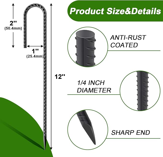 AAGUT Rebar Stakes 12 Inch 16 Pack, J Hook Premium Black Coated Ground Garden Anchors Heavy Duty, Superior Rust Resistance Chain Link Fence Stakes for Camping Tent, Inflatables, Lawn Decor