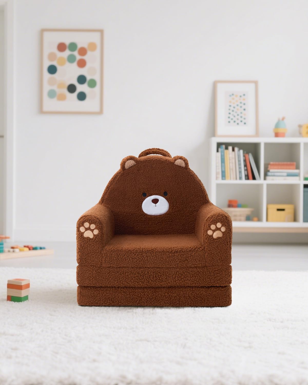 MOONBEEKI 2-in-1 Foldable Toddler Couch – Soft Sherpa Sofa Chair for Kids Ages 1–3, Brown Bear, Medium