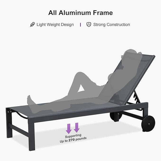 PURPLE LEAF Patio Lounge Chair Set for 2 Outdoor Chaise Lounge with Adjustable Backrest and Easy-to-Move Wheels Aluminum Reclining Lounge Chair for Outside Yard Pool Side Table Included, Charcoal Grey