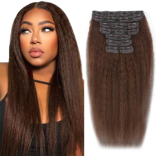 22 Inch Brown Kinky Straight Clip in Hair Extensions Real Human Hair Clip ins Unprocessed Brazilian Virgin Hair Clip on Hair Extensions 4# Kinky Straight Clip ins 8pcs 20 Clips 100g/Set