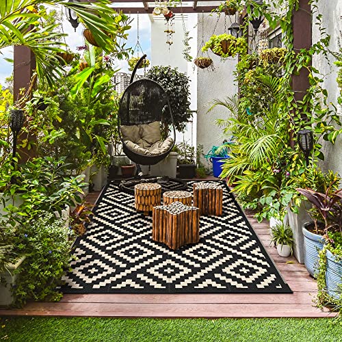 GENIMO 5x8 Outdoor Rug Waterproof, Reversible Mats, Area Rug, Plastic Outside Carpet, Geometric Rv Mat for Patio Camping R...