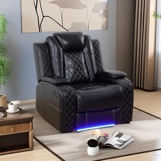 A Ainehome Luxury Furniture Sets Power Recliner Sofa Set Recliner Leather Sofas Loveseat Chair for Living Room Furniture/Small Space/Rv/House/Office/Theater Seating (F-Black,Chair)