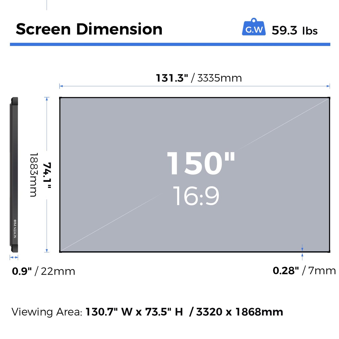 SCREENPRO Anti-Speckle Projection Fabric, 150 Inch Ultra-Narrow Bezel with Seamless 3C Fabric, for RGB Laser, UST, Dimly Light Home Theaters, Long Throw Triple Laser 4K/8K Resolution Projectors