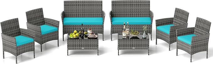 RELAX4LIFE 8-Piece Patio Furniture Set - Rattan Outdoor Conversation Bistro Set w/Cushions, Glass Coffee Table, Wicker Chairs & Loveseat for Pool Garden Backyard Porch Balcony (2, Mix Grey-Turquoise)