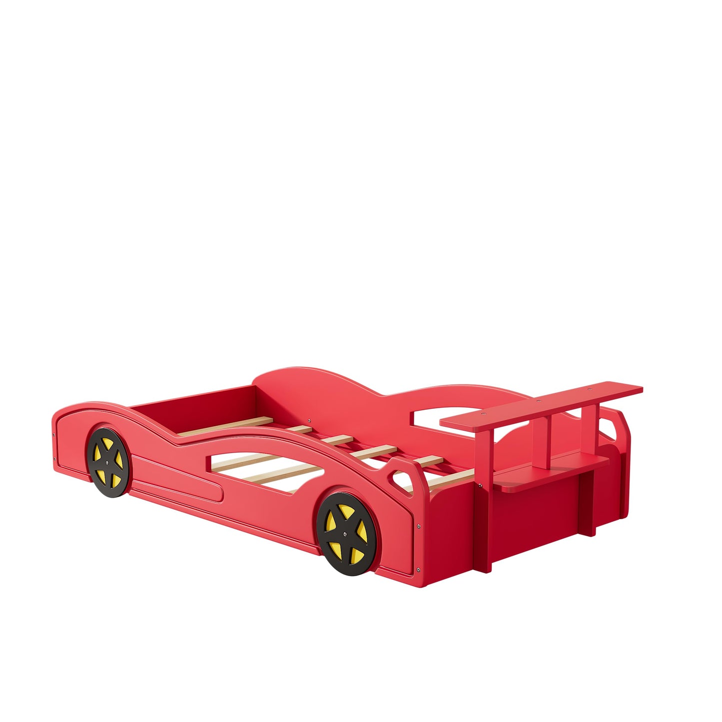 Twin Size Bed Frame for Kids, Twin Floor Bed with Rails, Wooden Race Car Bed, Car-Shaped Platform Twin Bed with Wheels,Mattress Foundation,Wood Slat Support, No Box Spring Needed, Red