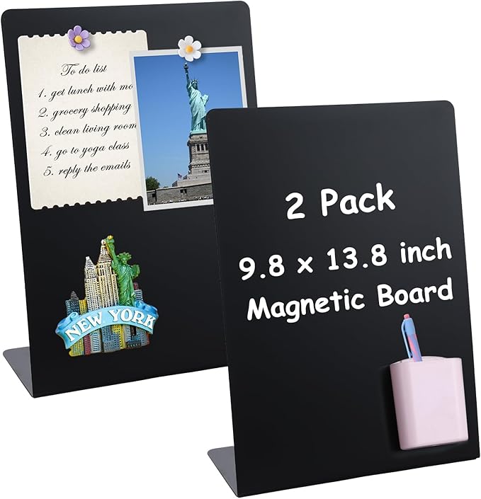 2 Pack Magnetic Board for Tabletop Magnet Bulletin Board with 2 Magnetic Pen Holders and 4 Flower Magnets 10×14 Inch Memo ...