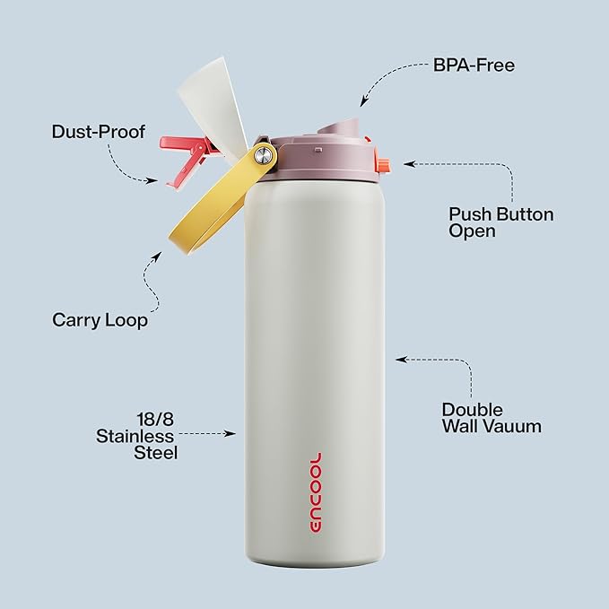 Insulated Water Bottle with Straw - Encool Stainless Steel Water Bottle with Push Button Lid, Leak-Proof & BPA-Free, Keeps Cold for 24 Hours for Sports, Travel, Gym (32 oz, Quill Grey-Red)