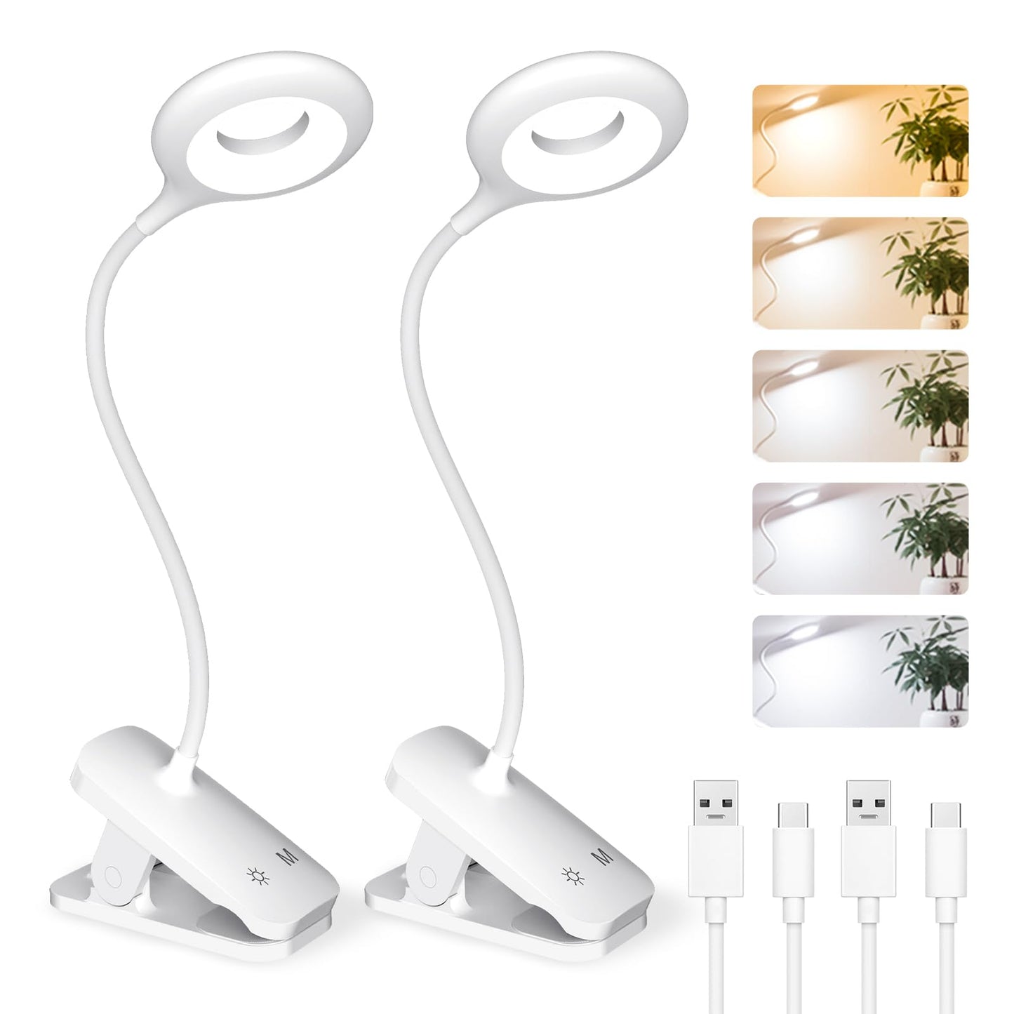 CUHIOY 2Pack Clip on Reading Light, 5 Colors 5 Brightness Bed Light for Headboard, Battery Rechargeable Flexible Arm Table Lamp with Clamp, Eye Protect LED Book Light at Night for Crafting（White）
