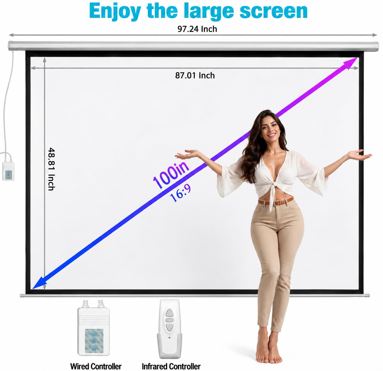 100" Motorized Projector Screen, Electric 16:9 Projector Screen with Remote Control, Indoor/Outdoor HD Movie Screen, Wall/Ceiling Mounted, Perfect for Home Office Theater TV, White