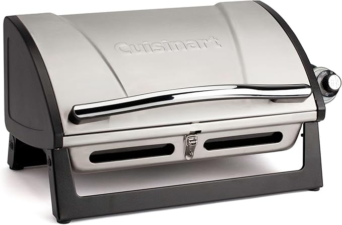 Cuisinart Grillster Portable Gas Grill, Stainless Steel Compact BBQ Grill with Locking Lid for Easy Transport, 8000 BTU Pr...