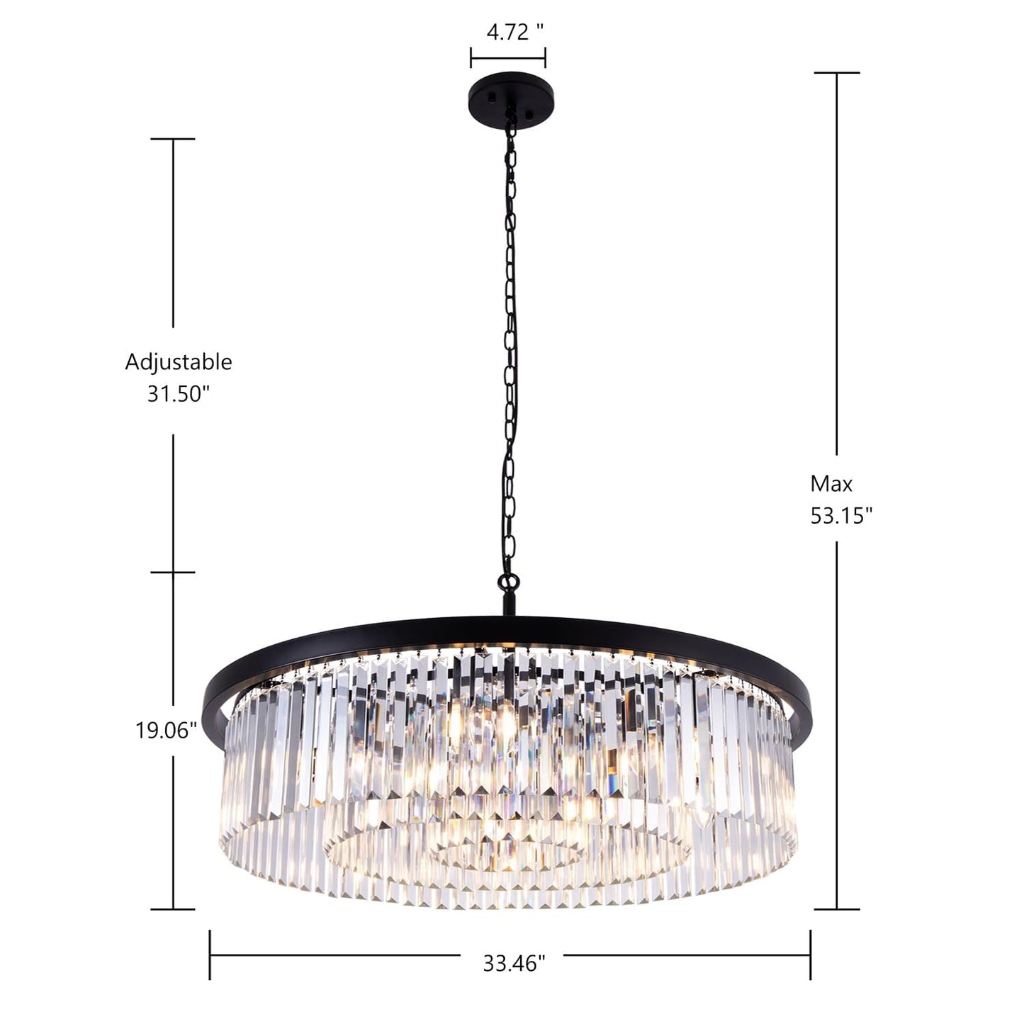 Wellmet Modern Black Crystal Chandelier, 33.5" Large 3-Tier Round Pendant Light with Adjustable Chain, 9-Light Luxury Crystal Ceiling Fixture for High Ceiling Foyer, Grand Living Room, Dining, Bedroom