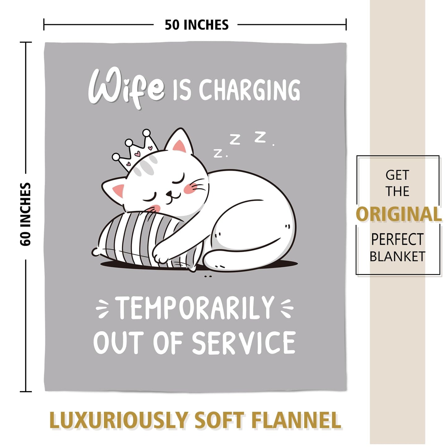 GoMelley Funny Gift for Wife from Husband, Wedding Anniversary Romantic Gifts for Women, Wife is Charging Flannel Blanket, Birthday Christmas Valentines Day Blanket Gifts for Her, 60”× 50”（Gray）