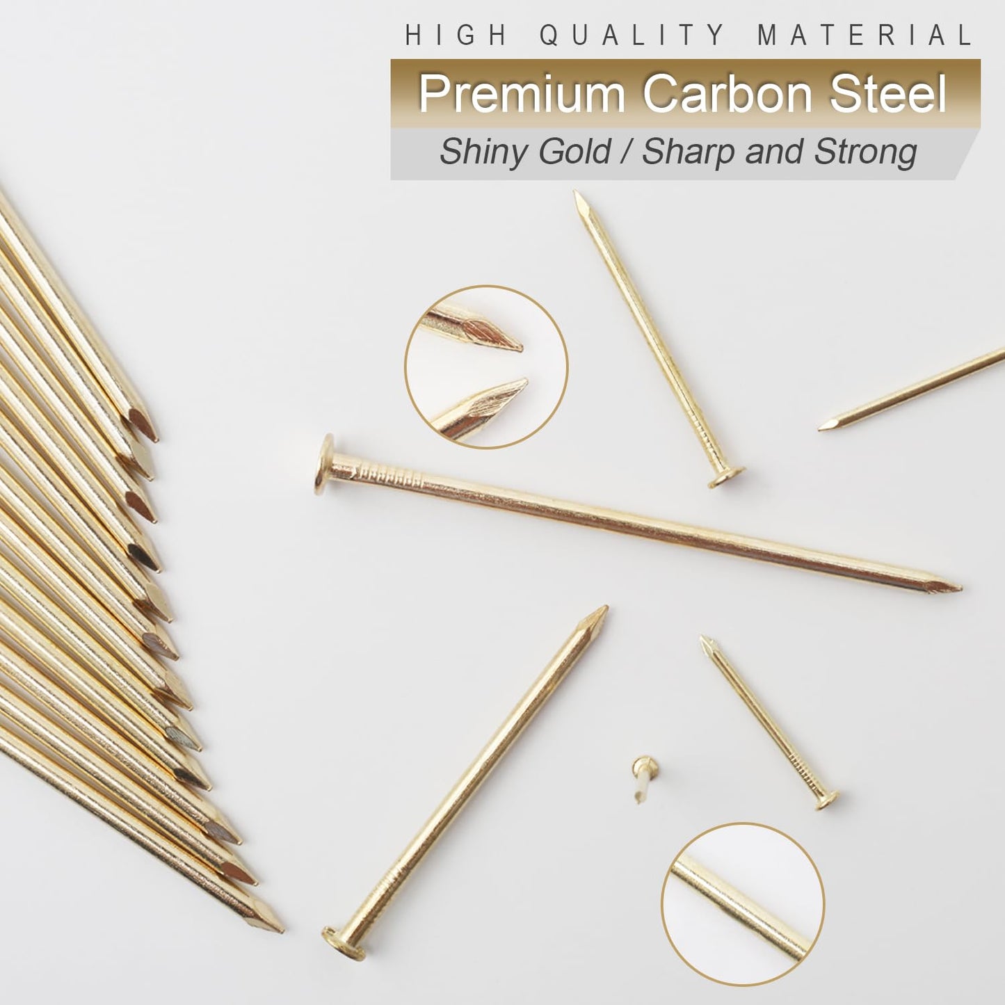6 Sizes Gold Hardware Nails Assortment Kit, 358pcs, Brass Plated, Nails for Hanging Pictures, Finishing Nails, Wood Nails, Wall Nails for Hanging (3”, 2”, 1-1/2”, 1-1/4", 1”, 3/4")