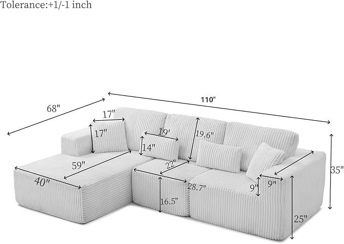 Vanress 110" Cloud Couch Sectional, Corduroy Boneless Couch with L-Shape Chaise,Modern Modular Sectional Sofa Comfy Deep Seat for Living Room, Bedroom, No Assembly (White, Right Facing Chaise)