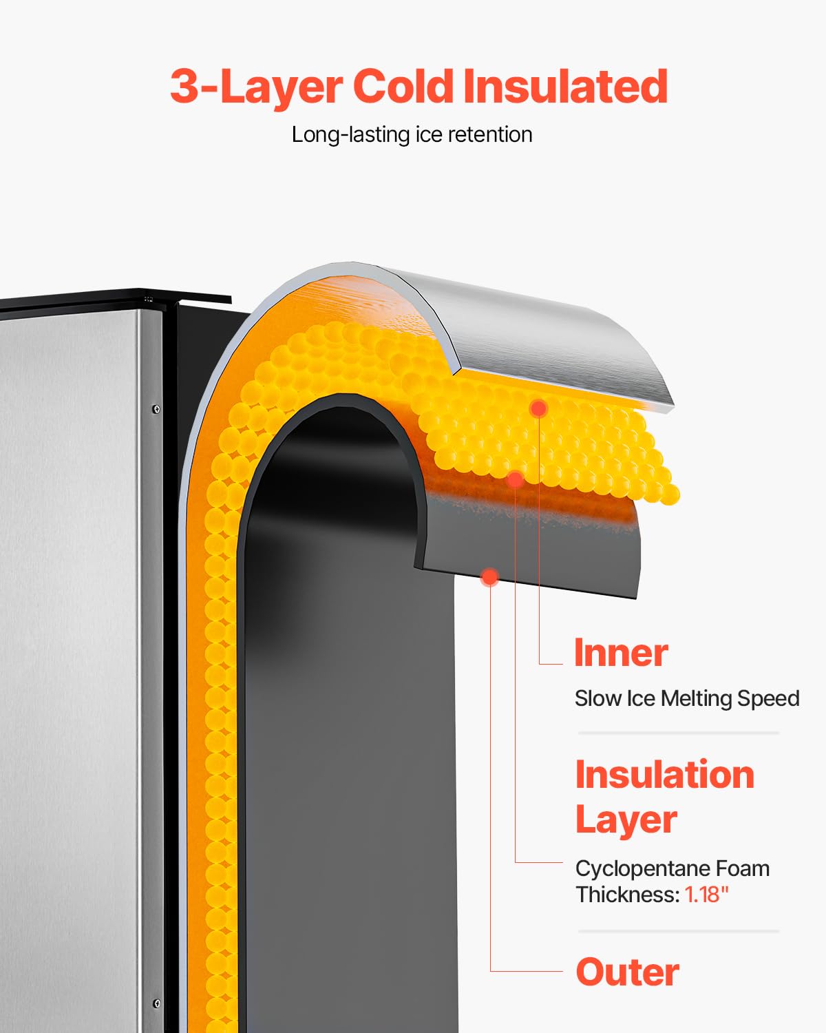 VEVOR Undercounter Built-in Ice Maker, 80 Lbs/Day Under Counter Ice Maker Machine with Reversible Door, Stainless Steel Freestanding Ice Maker for Commercial Home Kitchen, Electric Drainage