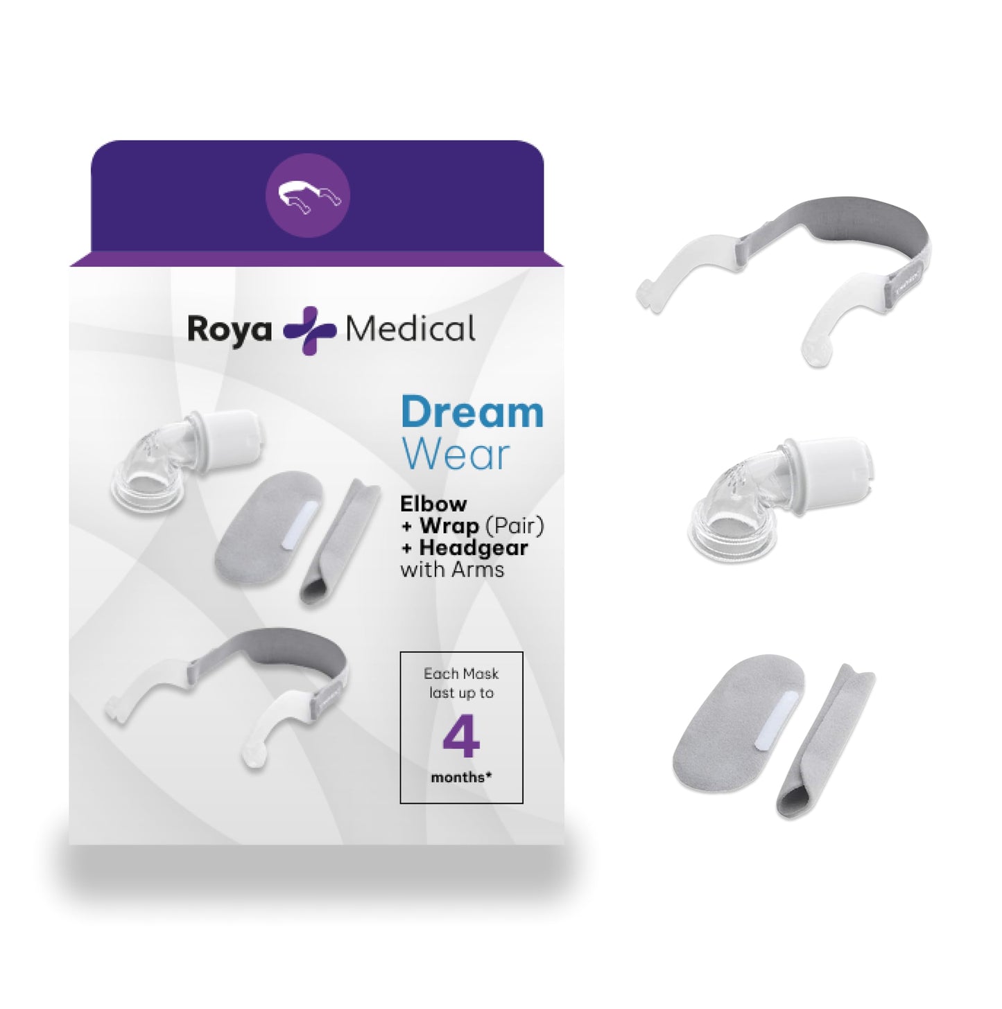 Roya Medical Accessory Kit for DreamWear Mask, Elbow + Head Strap + Soft Wraps, One Size