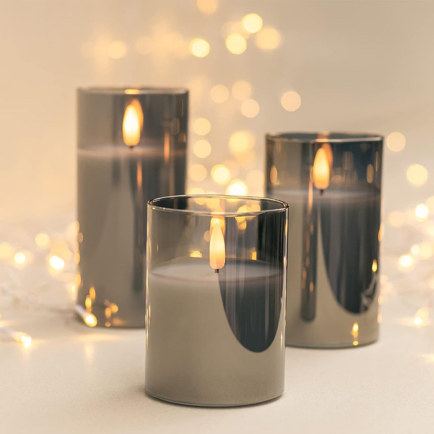 COVEGE Grey Glass Flameless Candles with Timer - Battery Operated Candles with 10-Key Remote, Real Wax LED Flickering Pillar Candles for Home Decoration, D3 H 4" 5" 6", Set of 3