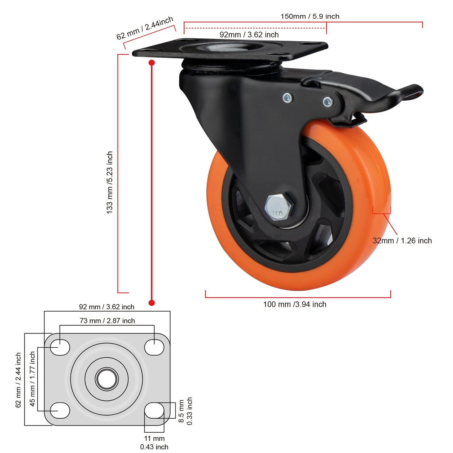 ASRINIEY 4" Caster Wheels, Casters Set of 4 Heavy Duty - Orange Polyurethane Castors, Top Plate Swivel Wheels, 4-Pack Industrial Casters with Brake, Locking Caster for Furniture and Workbench