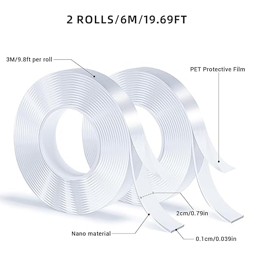 Double Sided Tape, Nano Tape, Transparent Adhesive Tape, Traceless Adhesive Tape, Removable, Washable, Reusable, Suitable for Carpets, Photo Walls, 9.85Ft Per Roll, 12 Rolls