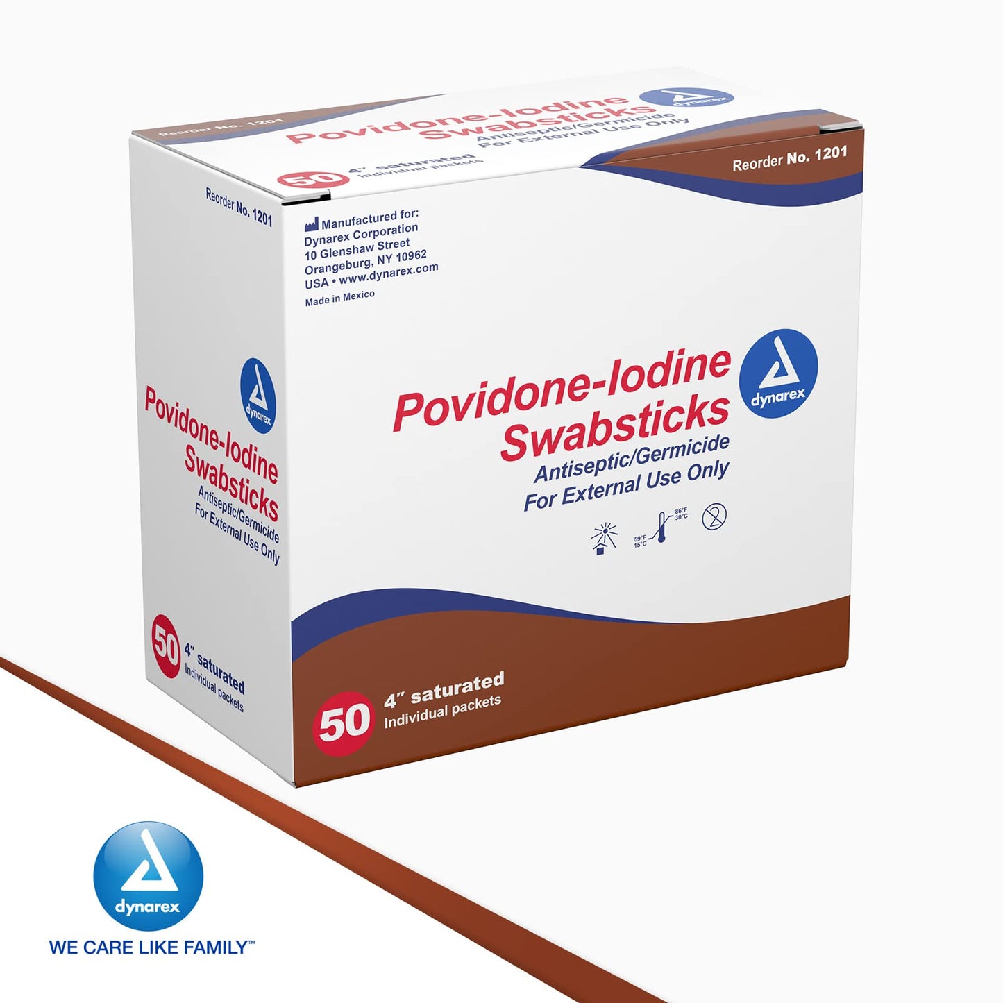 Dynarex Povidone Iodine Swabsticks, Swabstick Packaged in Individual Foil Pack, Antiseptic for Skin Preparation, Brown, 1 Box of 50 Dynarex Povidone Iodine Swabsticks