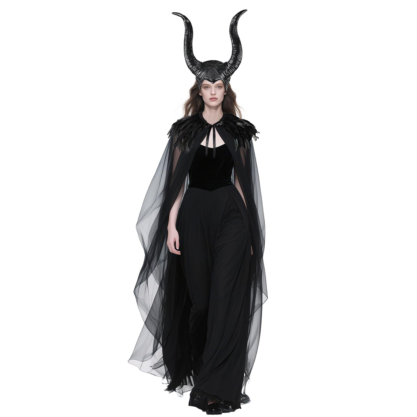 MAOFENG Women's Gothic Evil Queen Costume Demon Horns with Black Feather Collar Mesh Cloak Set for Halloween Cosplay Party
