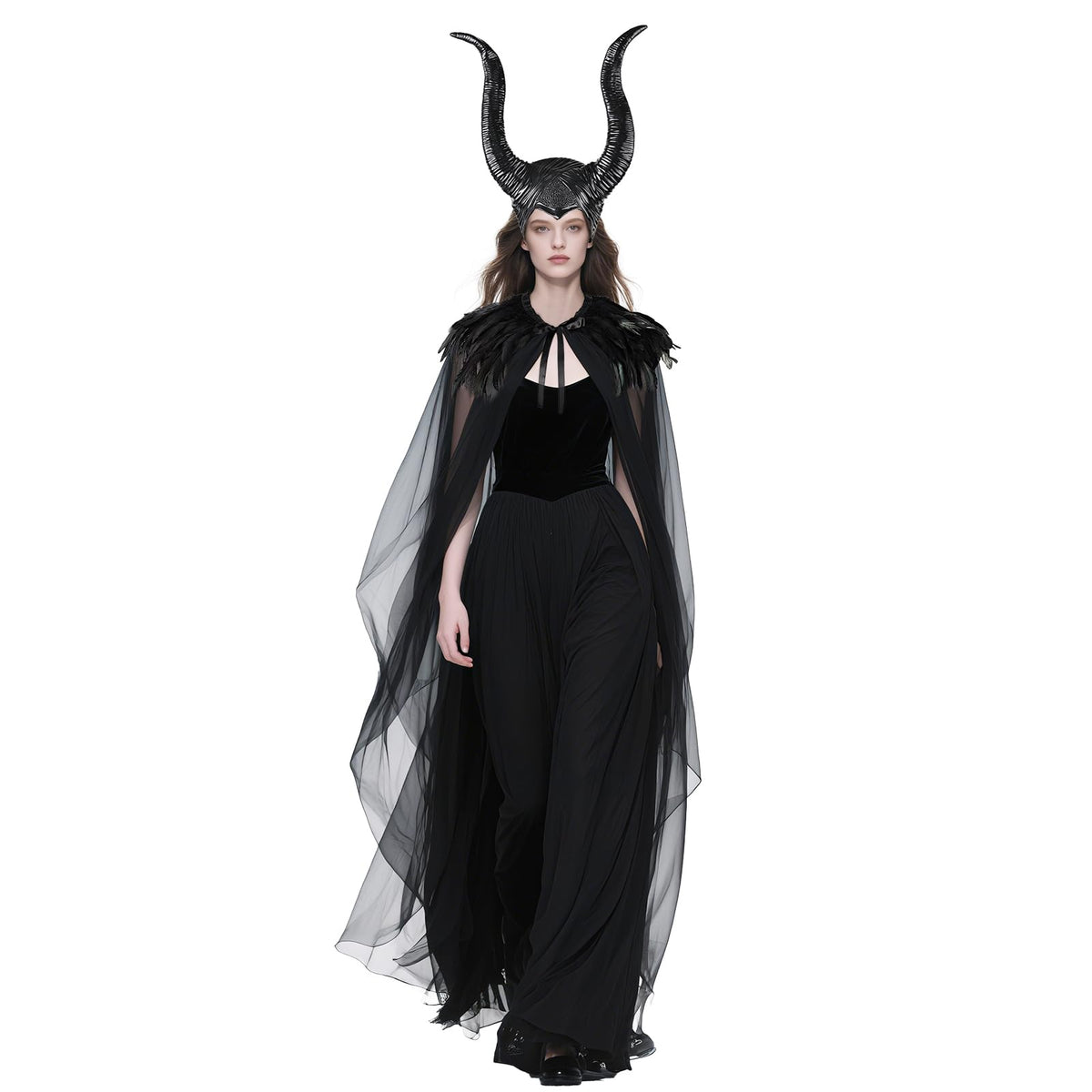 MAOFENG Women's Gothic Evil Queen Costume Demon Horns with Black Feather Collar Mesh Cloak Set for Halloween Cosplay Party
