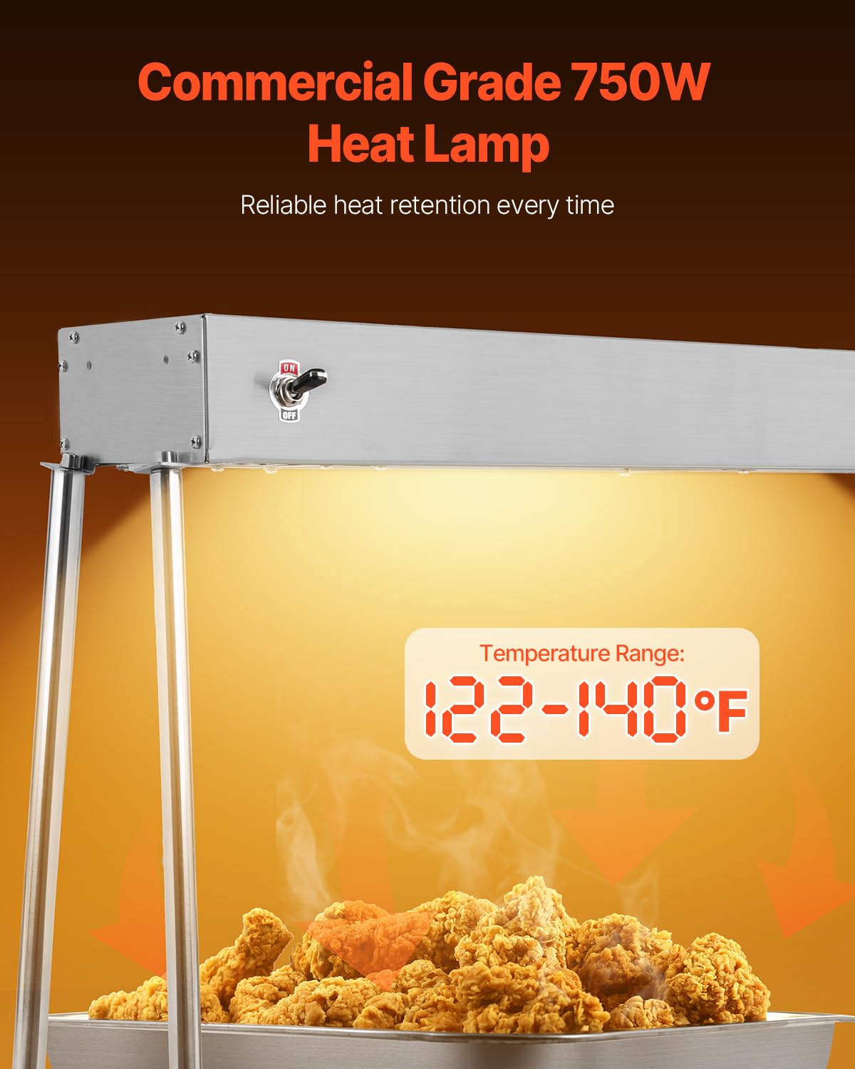 VEVOR Food Heat Lamp, 750W Hanging Commercial Food Heating Warmer, Stainless Steel Electric Strip Heater Light with Cord, Heatlamp Warming Equipment for Food Restaurant, Buffet, and Catering Kitchen