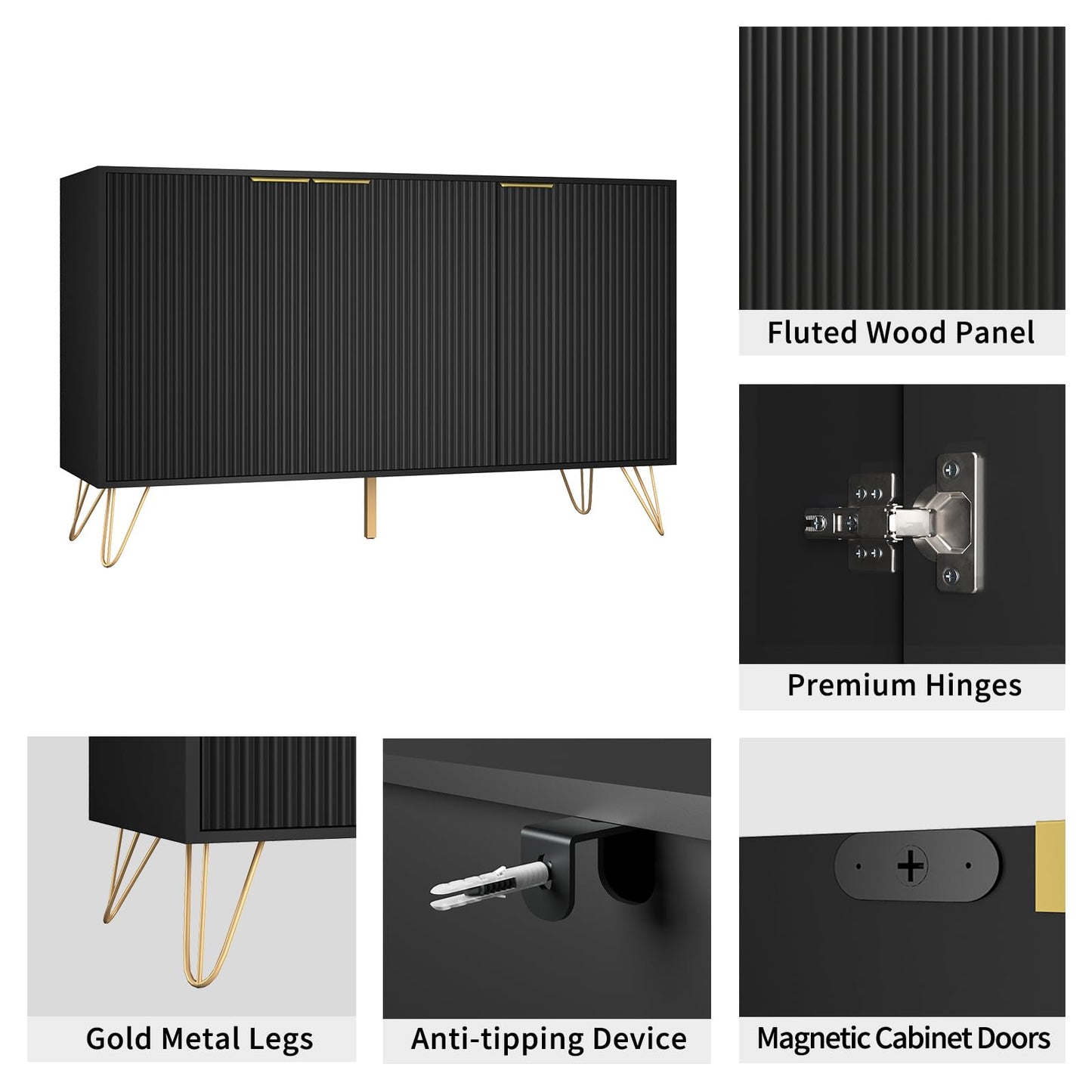 NOVAMAISON Fluted TV Stand for 100 Inch TV, Modern TV Stand Console, Black Entertainment Center with Storage Cabinets, Adjustable Shelves & Gold Handles, Wood Media Cabinet for Living Room